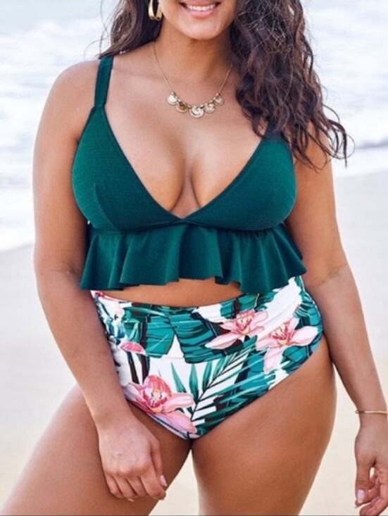 Cupshe Other - NWT Cupshe High Waisted Green and Floral Ruffled Bikini